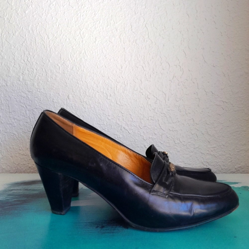 Vintage Gucci Black Leather Pilgrim Pumps Horsebit Block Heel Loafer Shoes